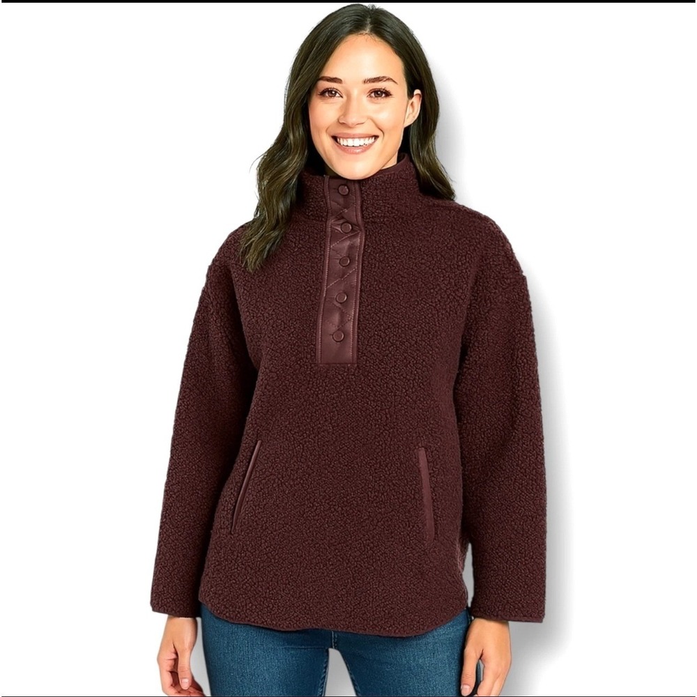 Ahtleta L Spiced Cabernet Sherpa Snap Fleece Pullover Sweatshirt Outdoor Cabin